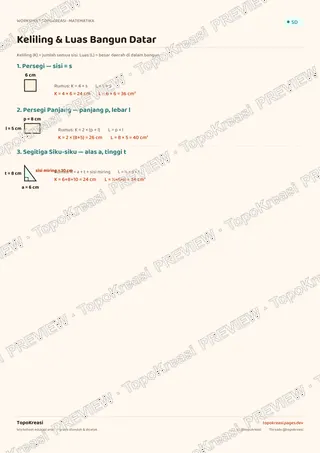 Cuplikan preview halaman 1 worksheet Keliling & Luas Bangun Datar — resolusi rendah bertanda air, bukan file final