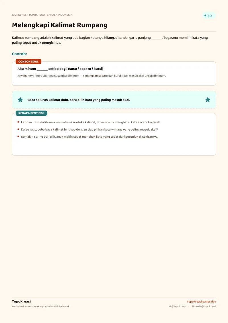 Preview worksheet Melengkapi Kalimat Rumpang