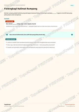 Cuplikan preview halaman 1 worksheet Melengkapi Kalimat Rumpang — resolusi rendah bertanda air, bukan file final