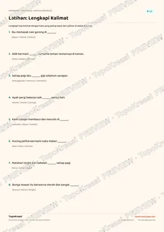 Cuplikan preview halaman 2 worksheet Melengkapi Kalimat Rumpang — resolusi rendah bertanda air, bukan file final
