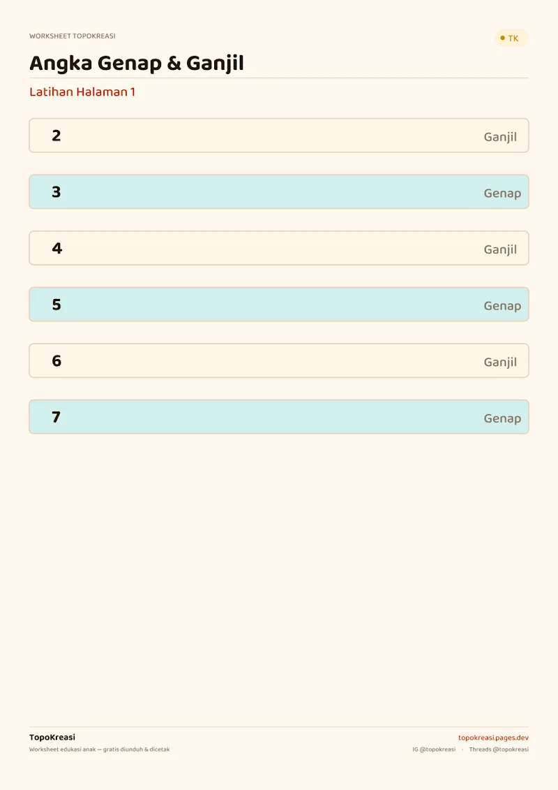 Preview worksheet Mengenal Angka Genap Ganjil