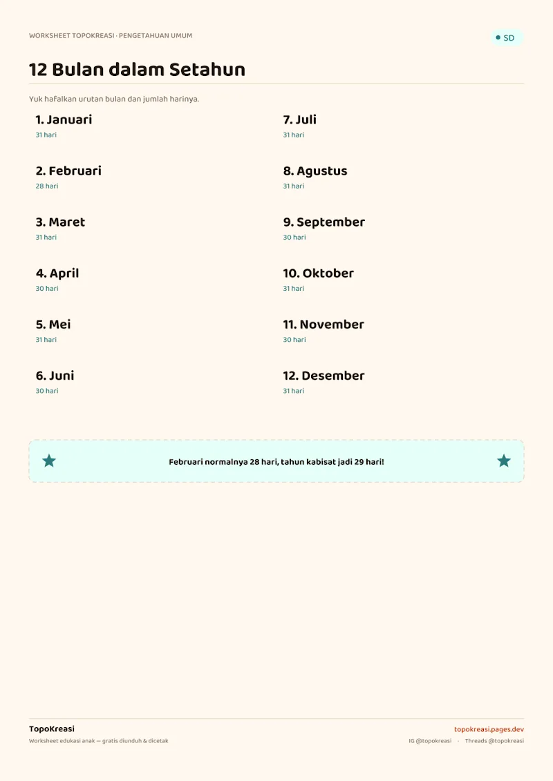 Preview worksheet Mengenal Bulan dalam Setahun