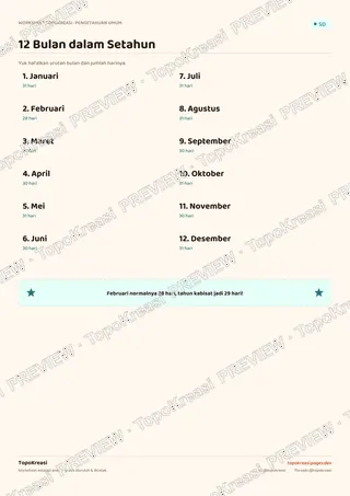 Cuplikan preview halaman 1 worksheet Mengenal Bulan dalam Setahun — resolusi rendah bertanda air, bukan file final