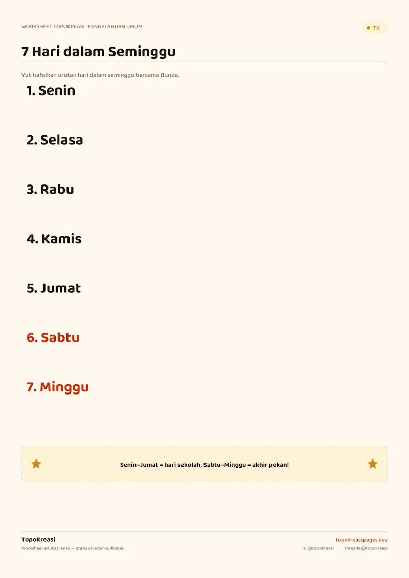 Preview worksheet Mengenal Hari dalam Seminggu