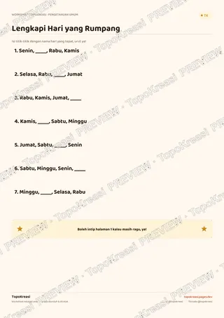 Cuplikan preview halaman 2 worksheet Mengenal Hari dalam Seminggu — resolusi rendah bertanda air, bukan file final