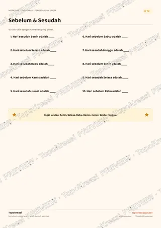 Cuplikan preview halaman 3 worksheet Mengenal Hari dalam Seminggu — resolusi rendah bertanda air, bukan file final