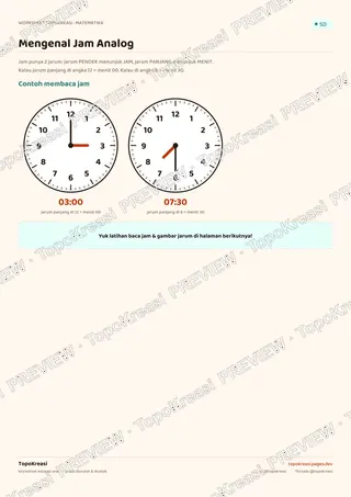 Cuplikan preview halaman 1 worksheet Mengenal Jam Analog — resolusi rendah bertanda air, bukan file final