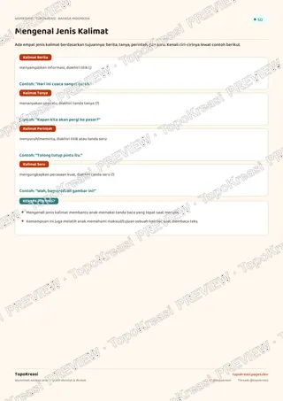 Cuplikan preview halaman 1 worksheet Mengenal Jenis Kalimat — resolusi rendah bertanda air, bukan file final