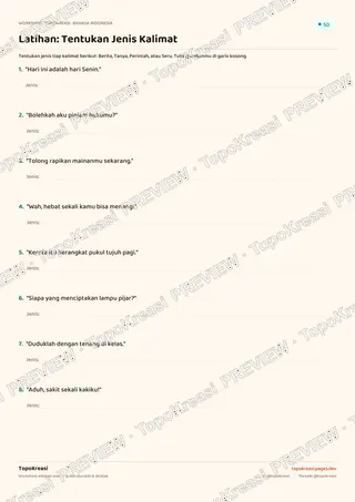 Cuplikan preview halaman 2 worksheet Mengenal Jenis Kalimat — resolusi rendah bertanda air, bukan file final