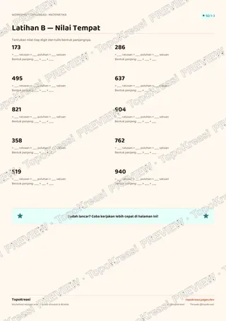 Cuplikan preview halaman 3 worksheet Mengenal Nilai Tempat — resolusi rendah bertanda air, bukan file final