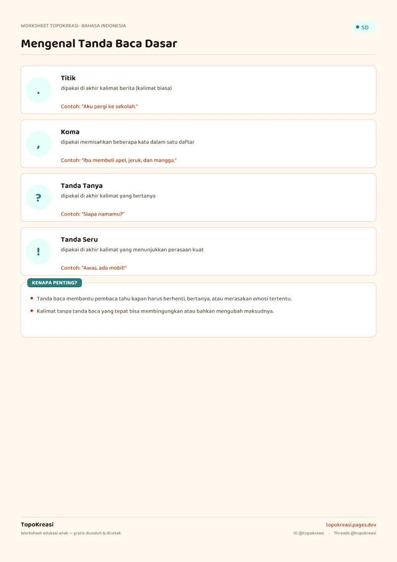 Preview worksheet Mengenal Tanda Baca Dasar
