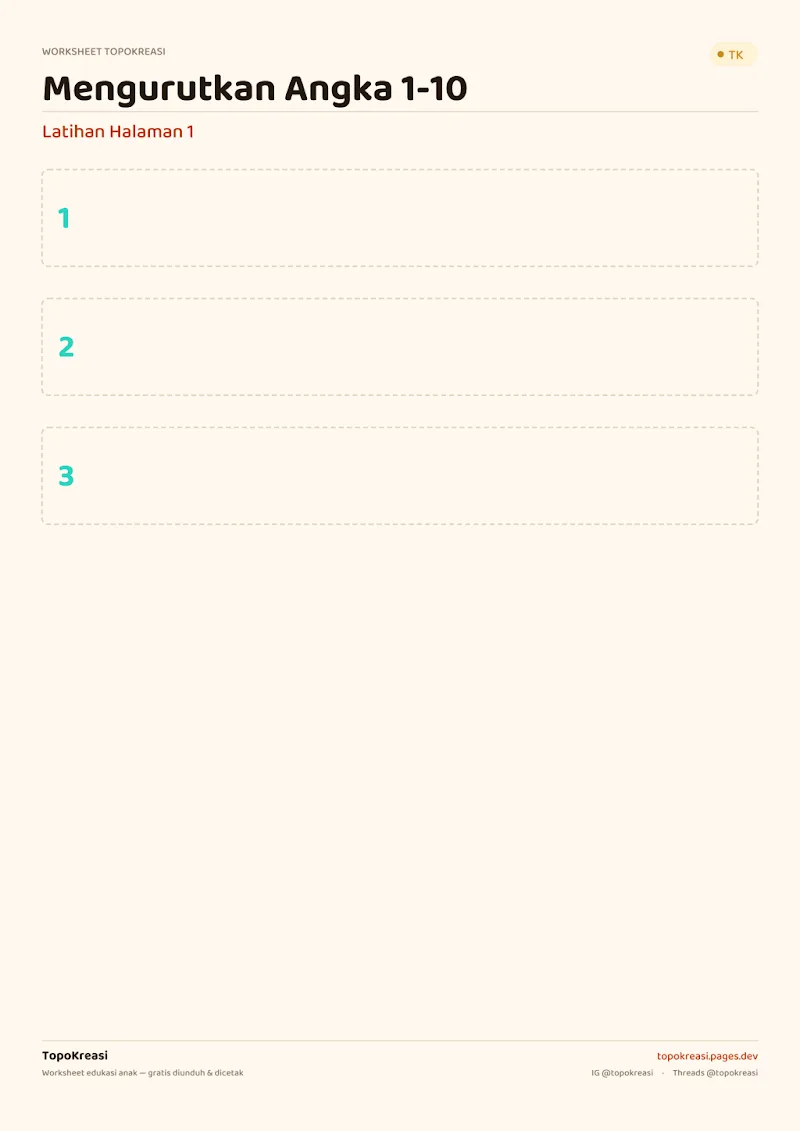 Preview worksheet Mengurutkan Angka 1–10