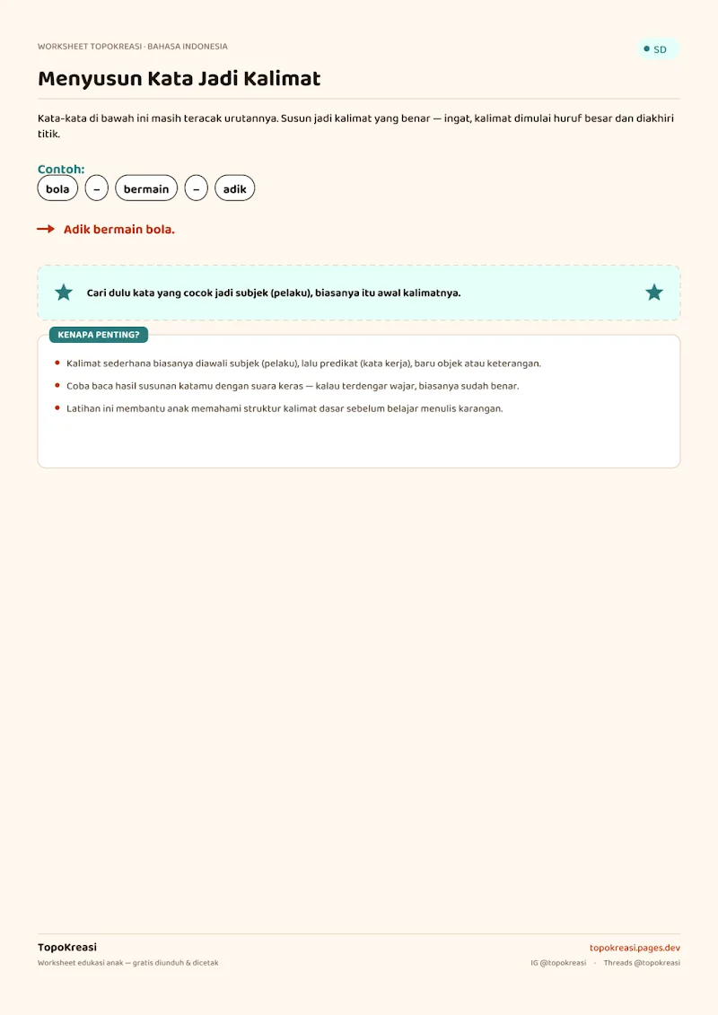 Preview worksheet Menyusun Kata Jadi Kalimat
