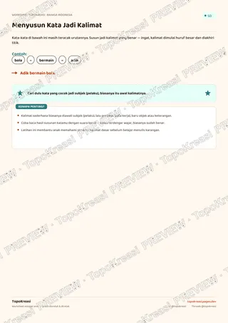 Cuplikan preview halaman 1 worksheet Menyusun Kata Jadi Kalimat — resolusi rendah bertanda air, bukan file final
