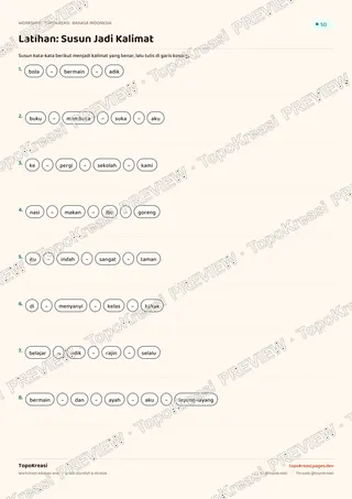 Cuplikan preview halaman 2 worksheet Menyusun Kata Jadi Kalimat — resolusi rendah bertanda air, bukan file final
