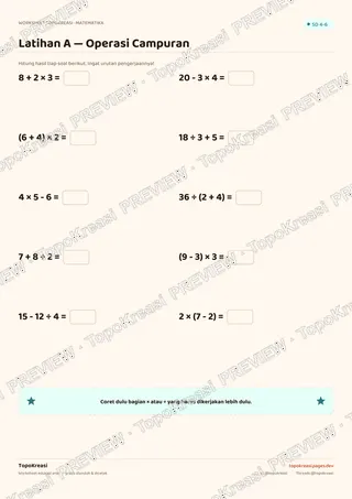 Cuplikan preview halaman 2 worksheet Operasi Hitung Campuran — resolusi rendah bertanda air, bukan file final