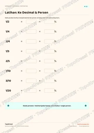 Cuplikan preview halaman 2 worksheet Pecahan, Desimal & Persen — resolusi rendah bertanda air, bukan file final