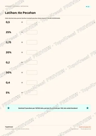 Cuplikan preview halaman 3 worksheet Pecahan, Desimal & Persen — resolusi rendah bertanda air, bukan file final