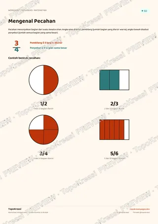 Cuplikan preview halaman 1 worksheet Mengenal & Menyederhanakan Pecahan — resolusi rendah bertanda air, bukan file final