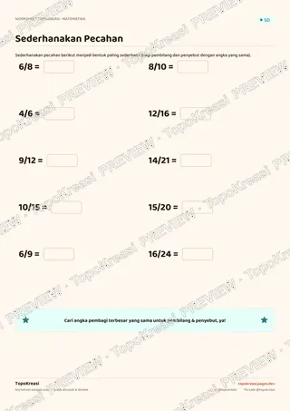 Cuplikan preview halaman 3 worksheet Mengenal & Menyederhanakan Pecahan — resolusi rendah bertanda air, bukan file final