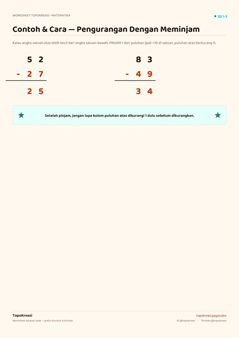 Preview worksheet Pengurangan Dengan Meminjam