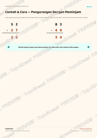 Cuplikan preview halaman 1 worksheet Pengurangan Dengan Meminjam — resolusi rendah bertanda air, bukan file final