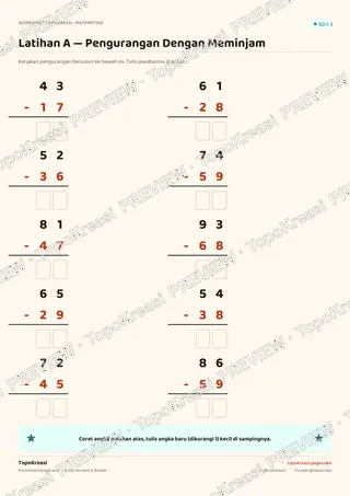 Cuplikan preview halaman 2 worksheet Pengurangan Dengan Meminjam — resolusi rendah bertanda air, bukan file final