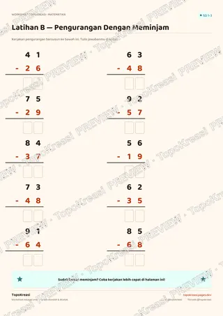 Cuplikan preview halaman 3 worksheet Pengurangan Dengan Meminjam — resolusi rendah bertanda air, bukan file final