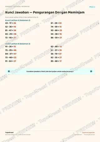 Cuplikan preview halaman 4 worksheet Pengurangan Dengan Meminjam — resolusi rendah bertanda air, bukan file final