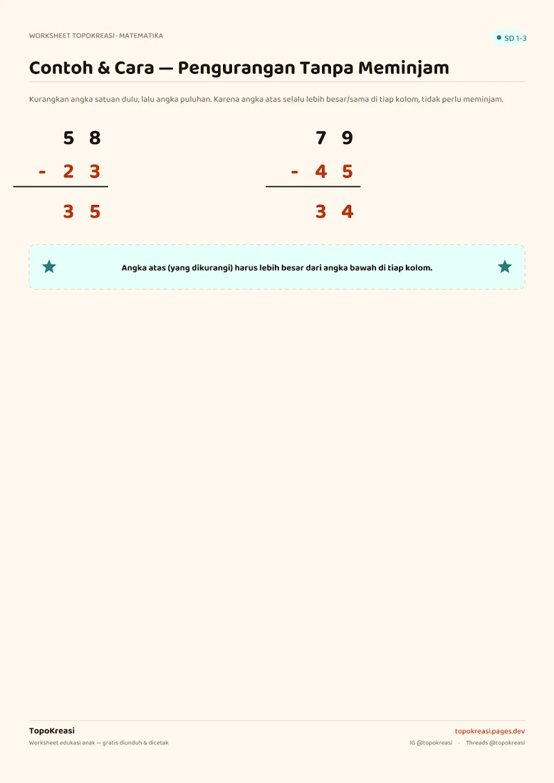 Preview worksheet Pengurangan Tanpa Meminjam