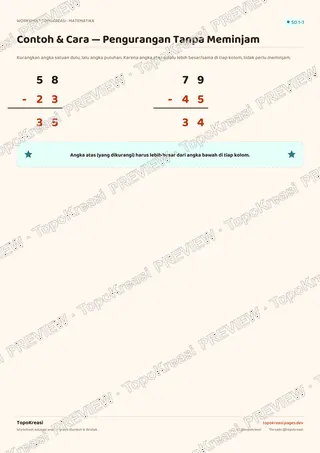 Cuplikan preview halaman 1 worksheet Pengurangan Tanpa Meminjam — resolusi rendah bertanda air, bukan file final