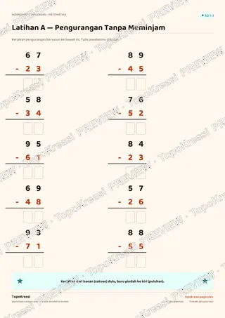 Cuplikan preview halaman 2 worksheet Pengurangan Tanpa Meminjam — resolusi rendah bertanda air, bukan file final