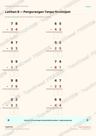 Cuplikan preview halaman 3 worksheet Pengurangan Tanpa Meminjam — resolusi rendah bertanda air, bukan file final