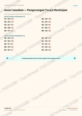 Cuplikan preview halaman 4 worksheet Pengurangan Tanpa Meminjam — resolusi rendah bertanda air, bukan file final