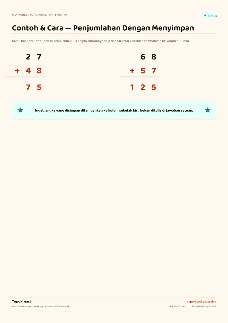 Preview worksheet Penjumlahan Dengan Menyimpan