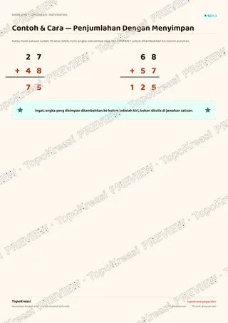 Cuplikan preview halaman 1 worksheet Penjumlahan Dengan Menyimpan — resolusi rendah bertanda air, bukan file final