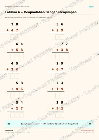 Cuplikan preview halaman 2 worksheet Penjumlahan Dengan Menyimpan — resolusi rendah bertanda air, bukan file final