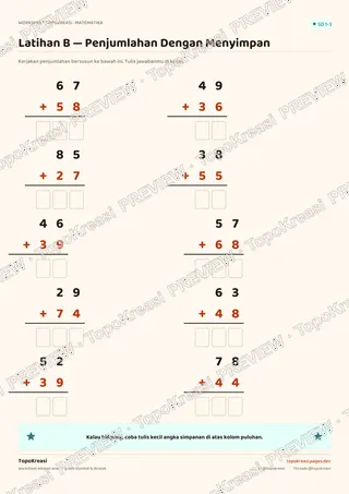 Cuplikan preview halaman 3 worksheet Penjumlahan Dengan Menyimpan — resolusi rendah bertanda air, bukan file final