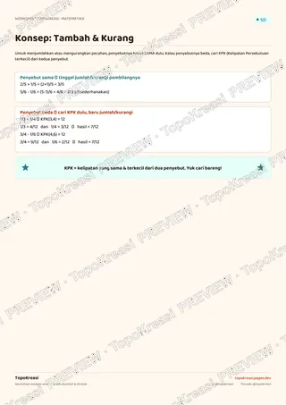 Cuplikan preview halaman 1 worksheet Penjumlahan & Pengurangan Pecahan — resolusi rendah bertanda air, bukan file final