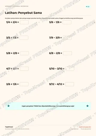 Cuplikan preview halaman 2 worksheet Penjumlahan & Pengurangan Pecahan — resolusi rendah bertanda air, bukan file final