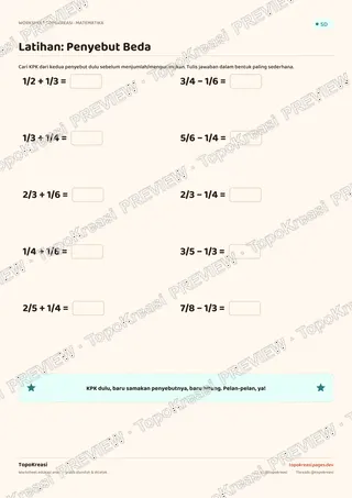Cuplikan preview halaman 3 worksheet Penjumlahan & Pengurangan Pecahan — resolusi rendah bertanda air, bukan file final