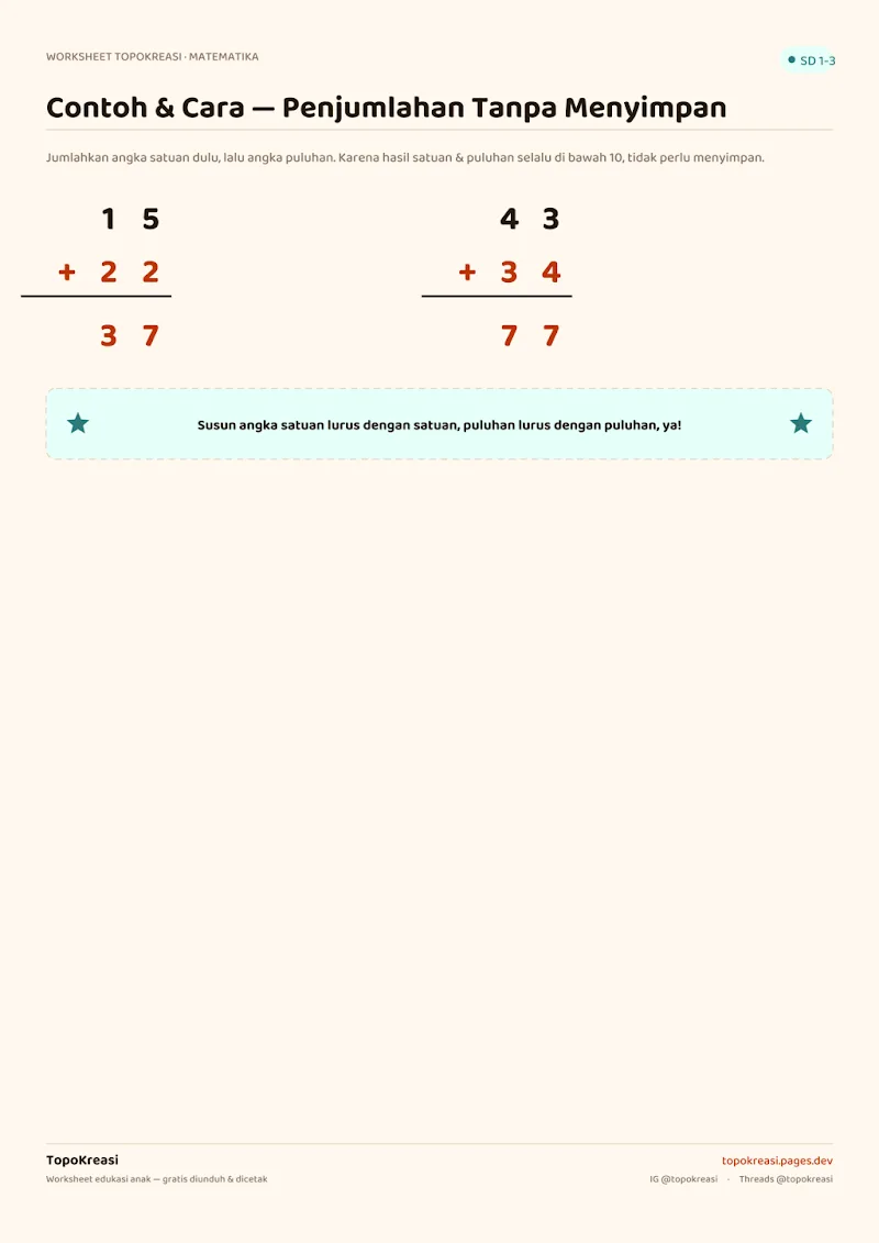 Preview worksheet Penjumlahan Tanpa Menyimpan (2 Digit)