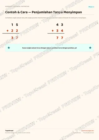 Cuplikan preview halaman 1 worksheet Penjumlahan Tanpa Menyimpan (2 Digit) — resolusi rendah bertanda air, bukan file final