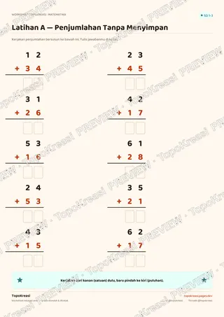 Cuplikan preview halaman 2 worksheet Penjumlahan Tanpa Menyimpan (2 Digit) — resolusi rendah bertanda air, bukan file final