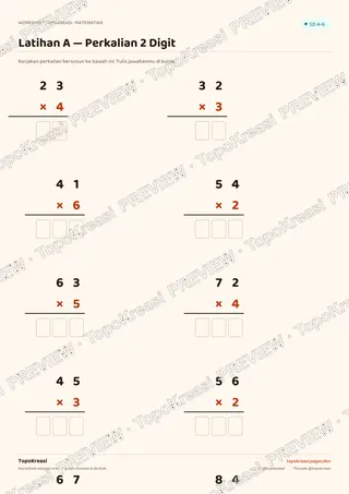 Cuplikan preview halaman 2 worksheet Perkalian Bilangan 2 Digit — resolusi rendah bertanda air, bukan file final