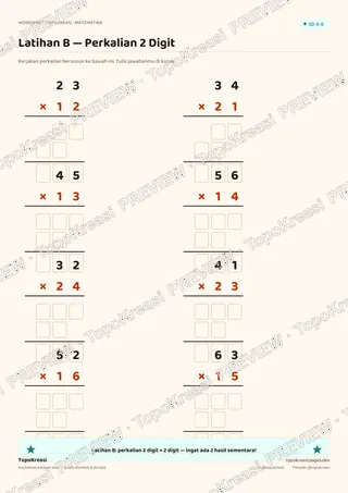 Cuplikan preview halaman 3 worksheet Perkalian Bilangan 2 Digit — resolusi rendah bertanda air, bukan file final