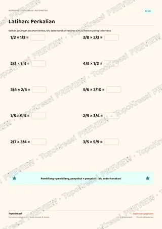 Cuplikan preview halaman 2 worksheet Perkalian & Pembagian Pecahan — resolusi rendah bertanda air, bukan file final