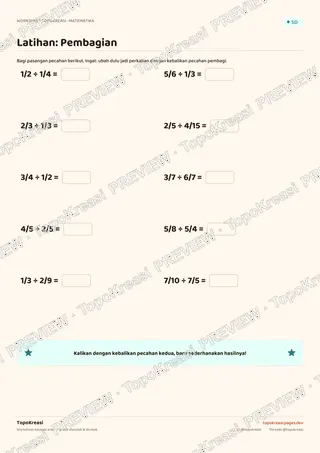 Cuplikan preview halaman 3 worksheet Perkalian & Pembagian Pecahan — resolusi rendah bertanda air, bukan file final