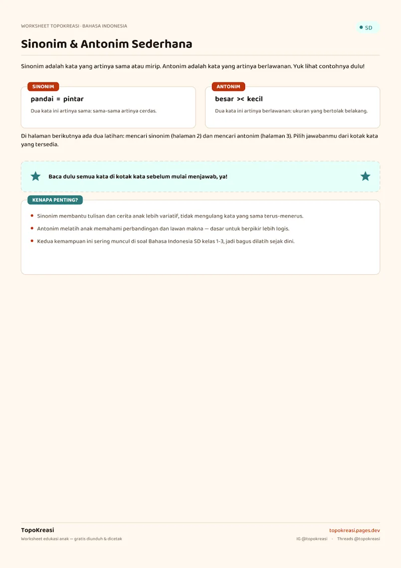 Preview worksheet Sinonim dan Antonim Sederhana