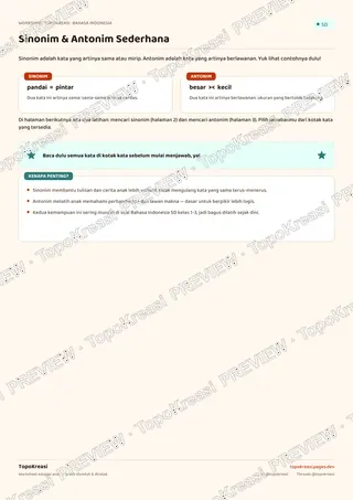 Cuplikan preview halaman 1 worksheet Sinonim dan Antonim Sederhana — resolusi rendah bertanda air, bukan file final